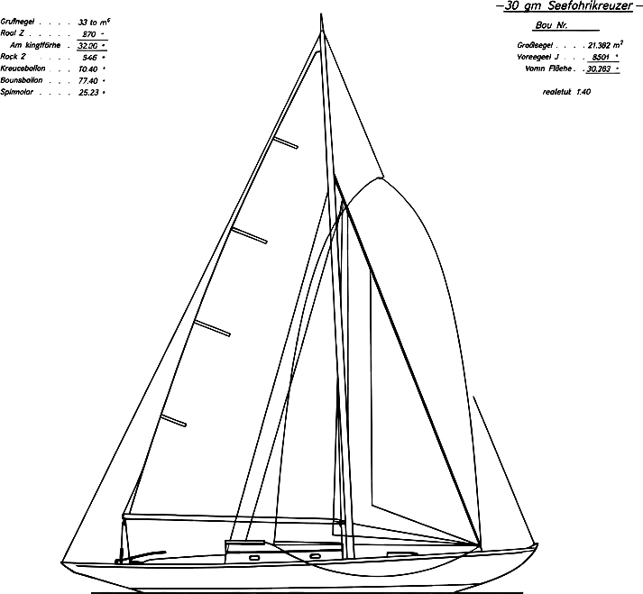 Segelriss des 30-qm-Seefahrtkreuzers von Abeking & Rasmussen.