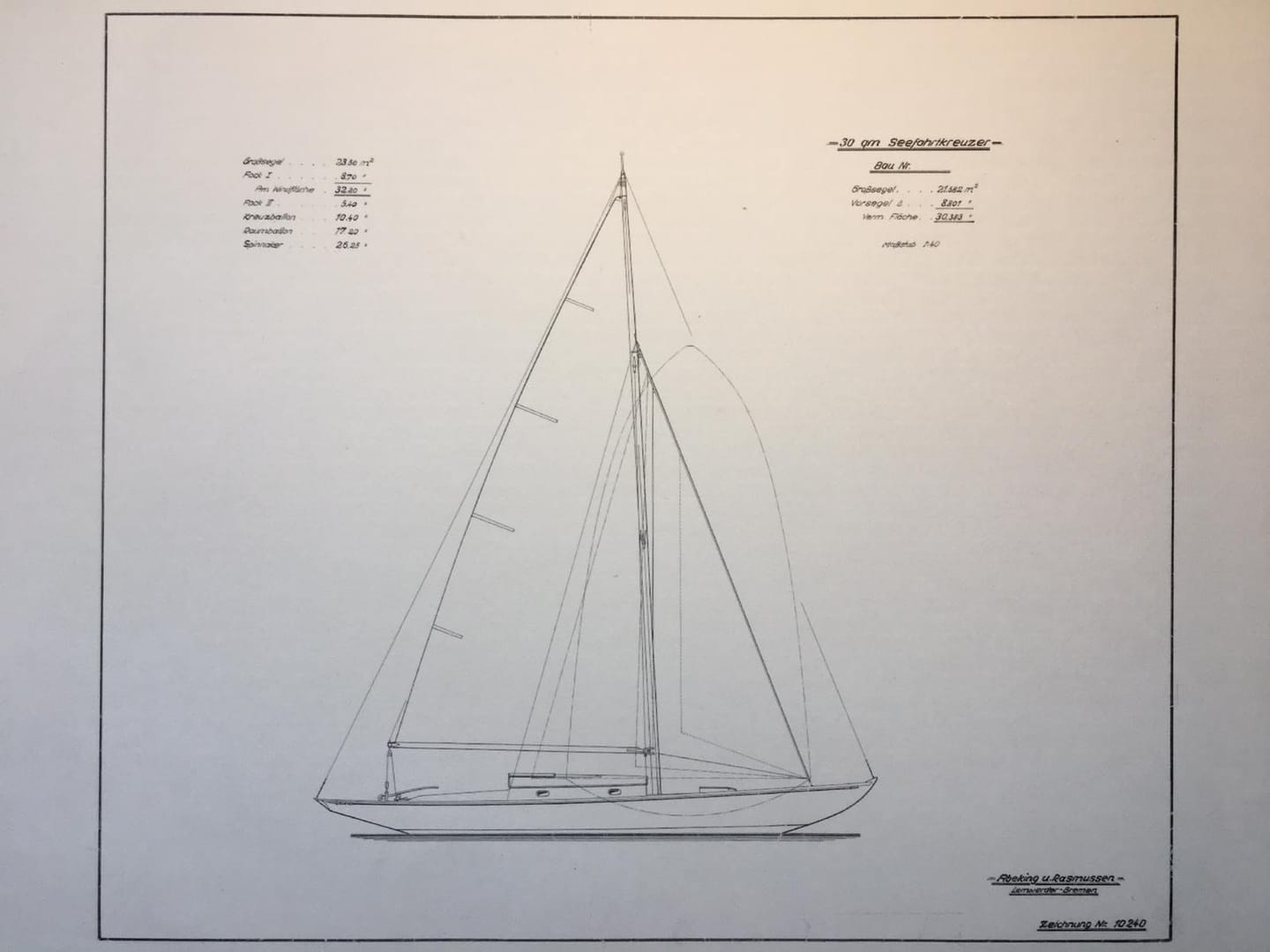 Der originale Segelriss von A&R, Zeichnung Nr. 10240, als Foto des Blattes.